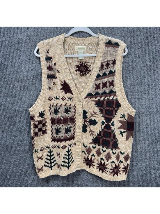 St. John's Bay Jackets & Blazers - Vintage St Johns Bay Knit Sweater Vest Womens 1X Tan Burgundy Button V-Neck Tree
